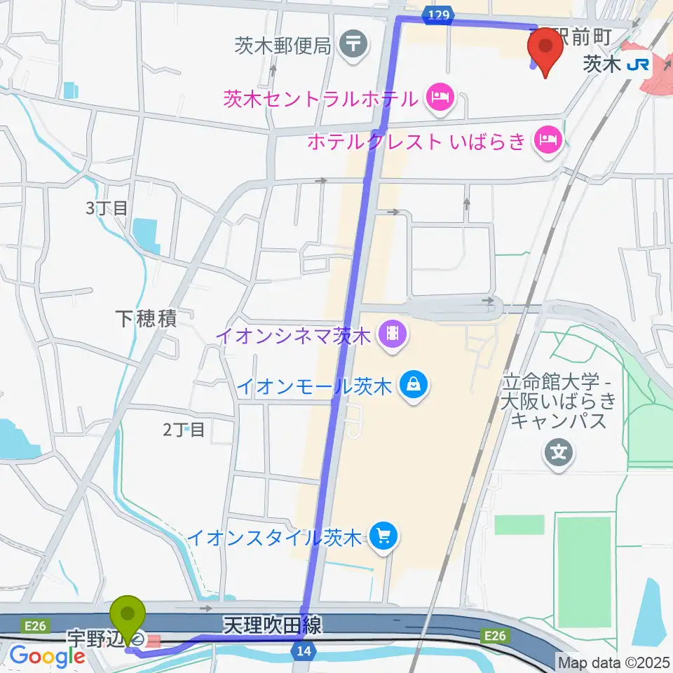 宇野辺駅から茨木センター ヤマハミュージックへのルートマップ地図