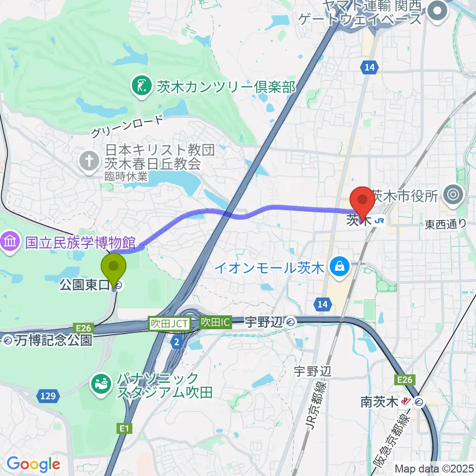 公園東口駅から茨木センター ヤマハミュージックへのルートマップ地図