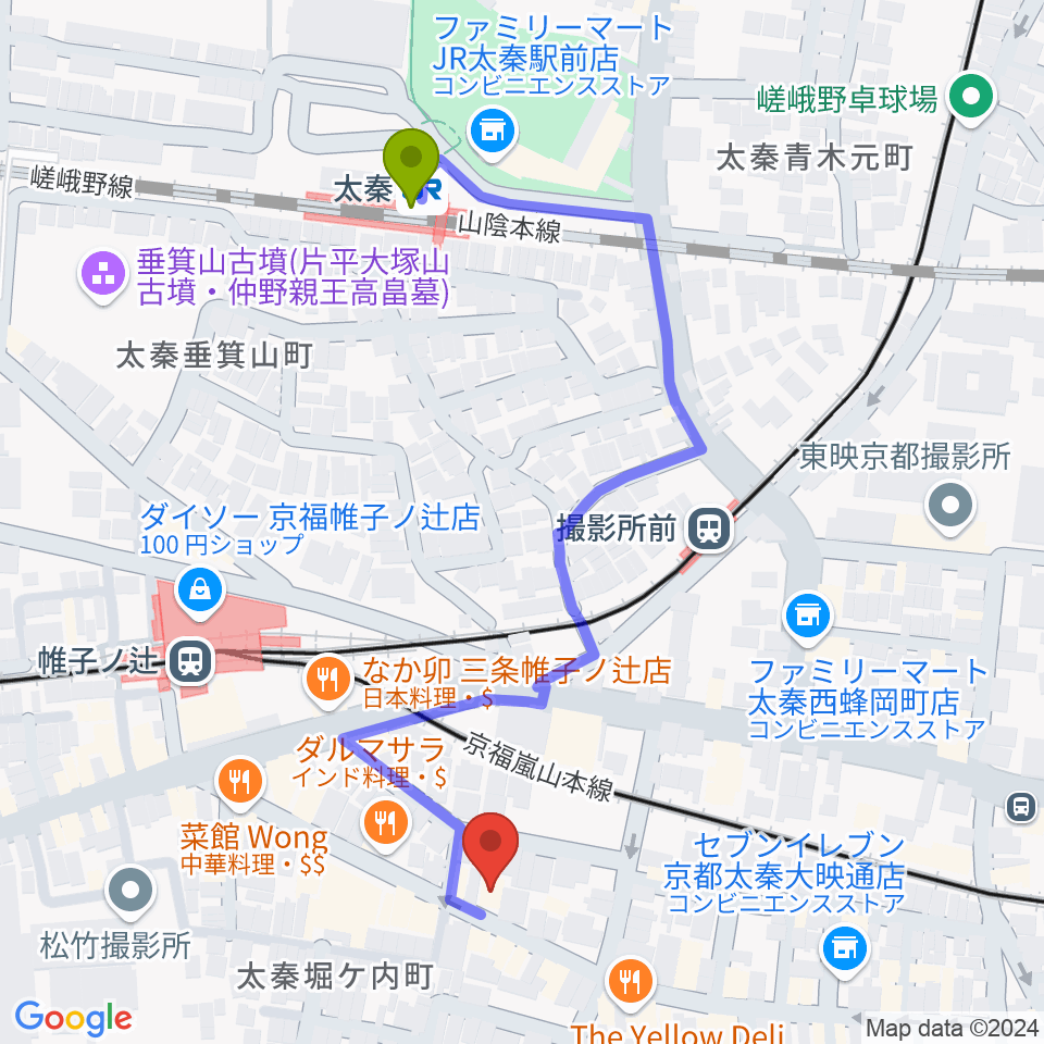 太秦駅から京都市右京区のひまわり音楽教室へのルートマップ地図