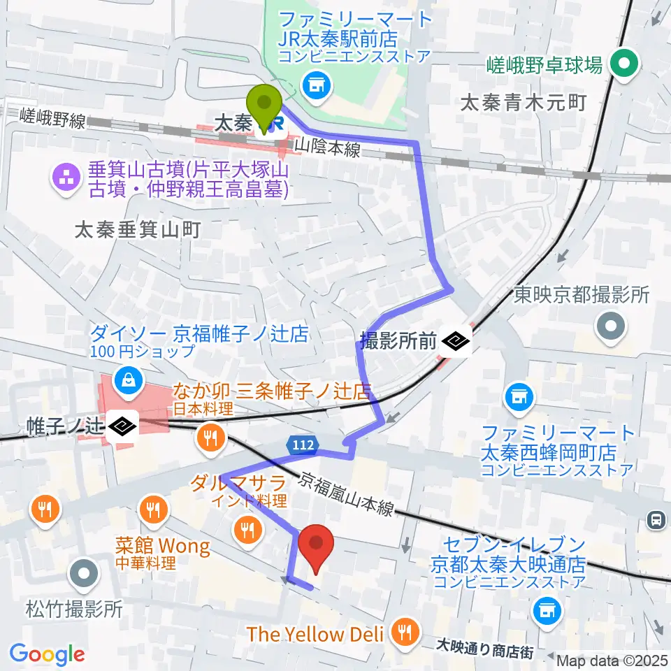 太秦駅からひまわり音楽教室へのルートマップ地図