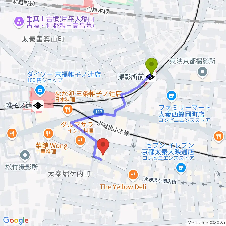 撮影所前駅からひまわり音楽教室へのルートマップ地図