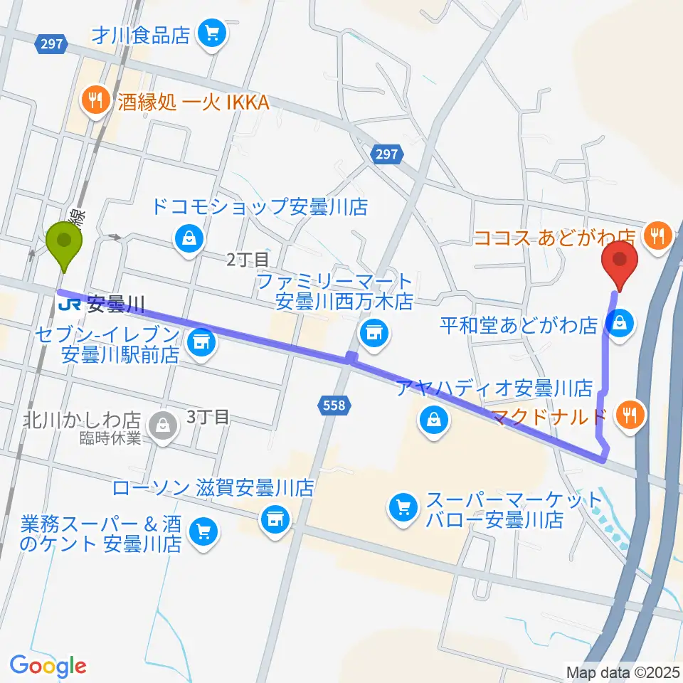 サウンドステーションあどがわの最寄駅安曇川駅からの徒歩ルート（約13分）地図