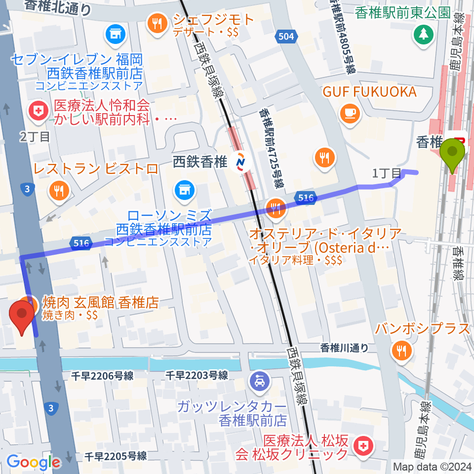 香椎駅から音楽館サンクトスへのルートマップ地図