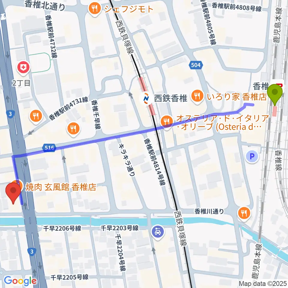 香椎駅から音楽館サンクトスへのルートマップ地図