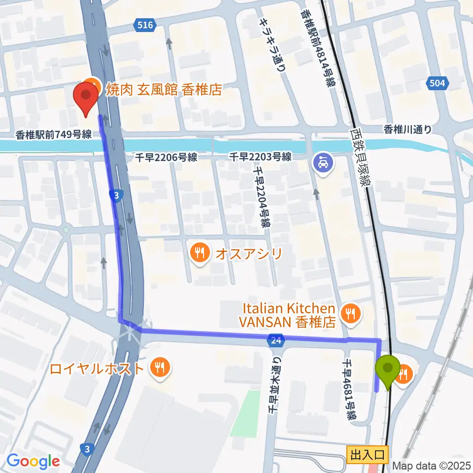 香椎宮前駅から音楽館サンクトスへのルートマップ地図