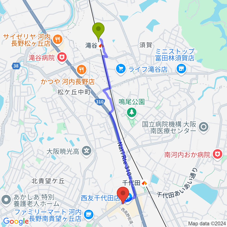 滝谷駅から音楽広場ミニヨンへのルートマップ地図