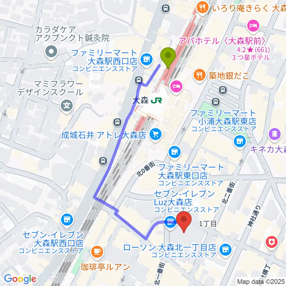 スター楽器大森センターの最寄駅大森駅からの徒歩ルート（約4分）地図