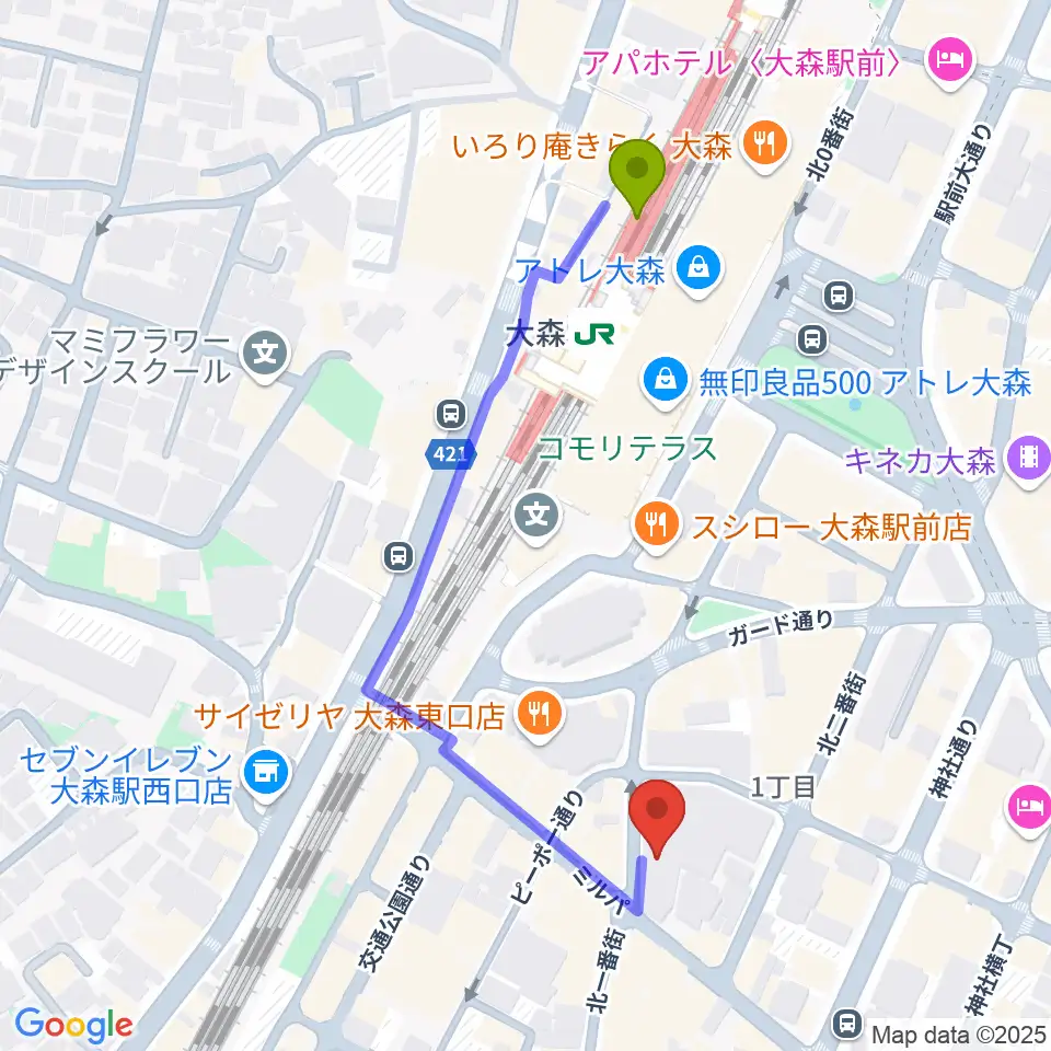 スター楽器 大森センターの最寄駅大森駅からの徒歩ルート（約5分）地図