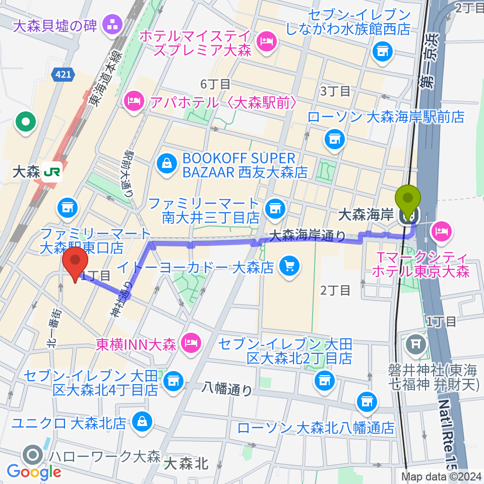 大森海岸駅からスター楽器大森センターへのルートマップ地図