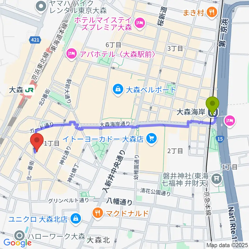 大森海岸駅からスター楽器 大森センターへのルートマップ地図