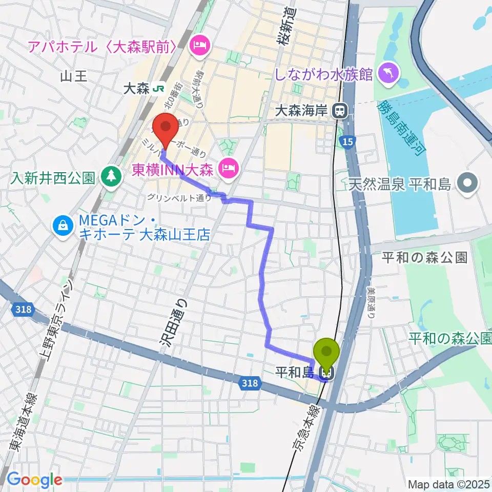 平和島駅からスター楽器 大森センターへのルートマップ地図