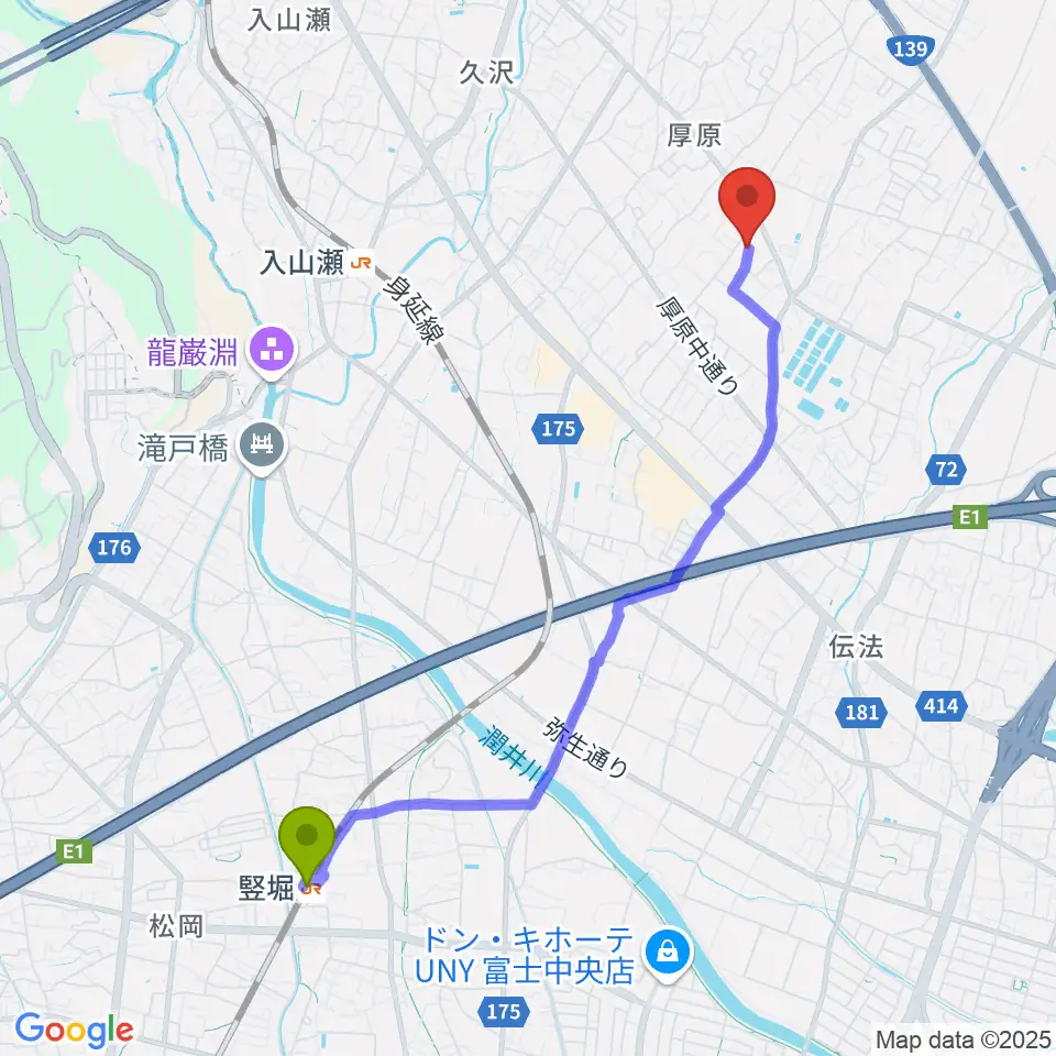 竪堀駅からハウスゾンネンシャイン音楽堂へのルートマップ地図