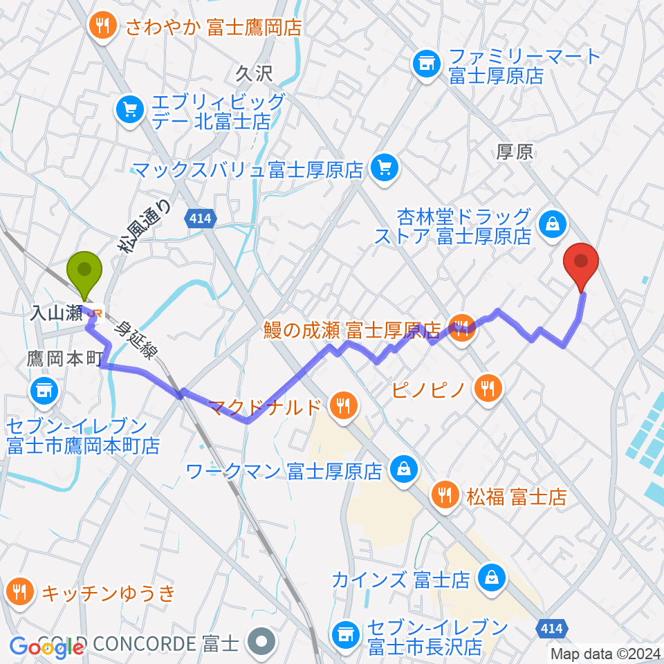 ハウスゾンネンシャイン音楽堂の最寄駅入山瀬駅からの徒歩ルート（約23分）地図