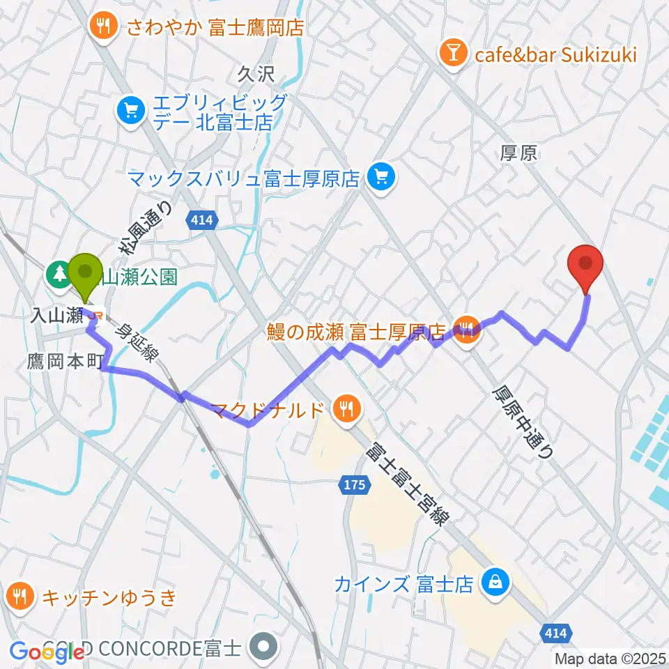ハウスゾンネンシャイン音楽堂の最寄駅入山瀬駅からの徒歩ルート（約23分）地図