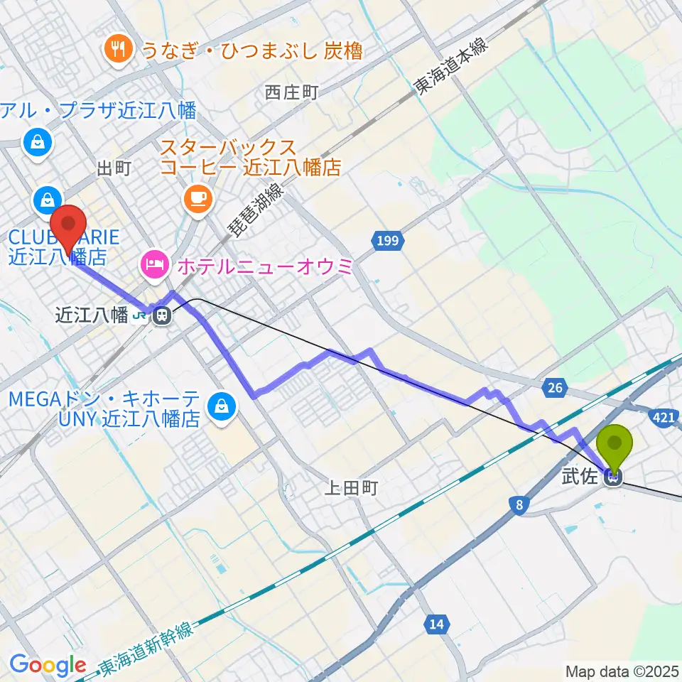 武佐駅から石岡楽器へのルートマップ地図