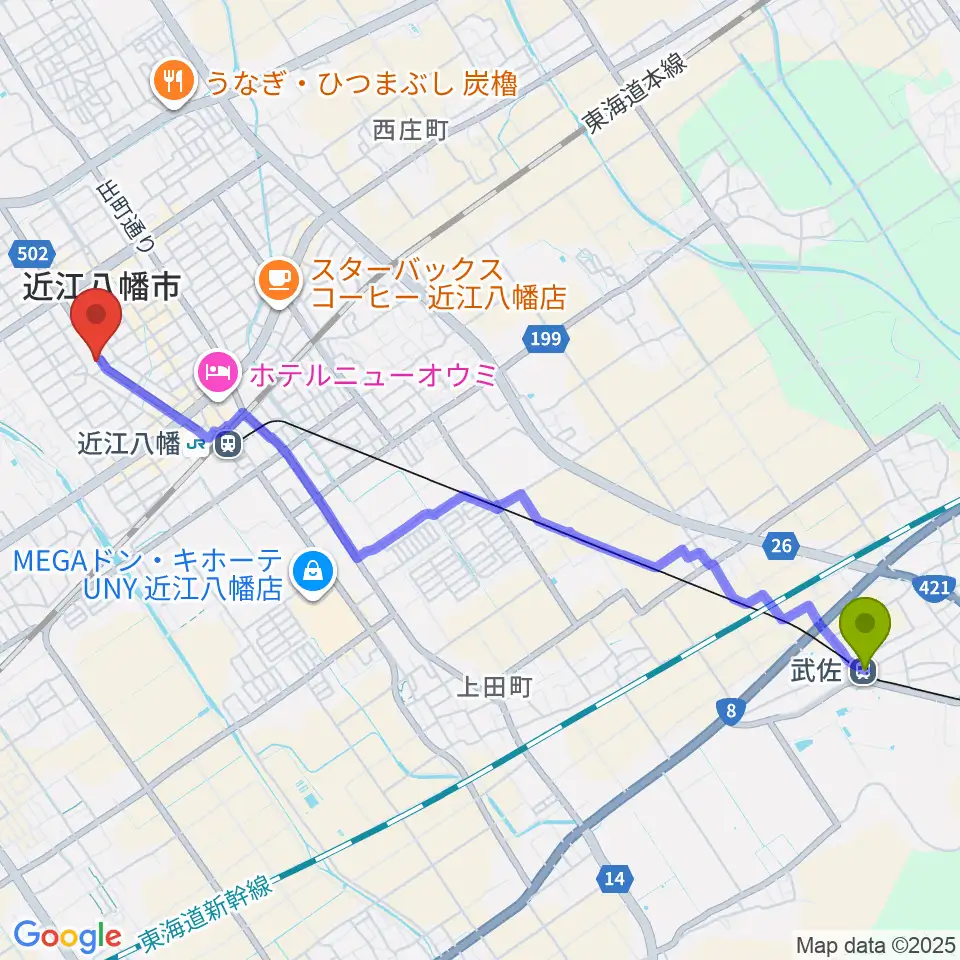 武佐駅から石岡楽器へのルートマップ地図