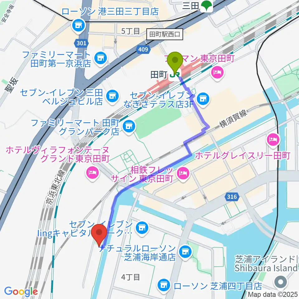 田町駅から広野音楽教室へのルートマップ地図