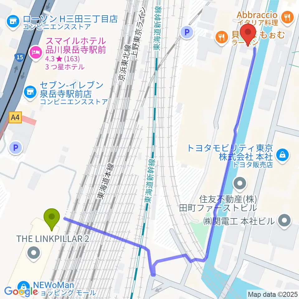 広野音楽教室の最寄駅高輪ゲートウェイ駅からの徒歩ルート（約7分）地図