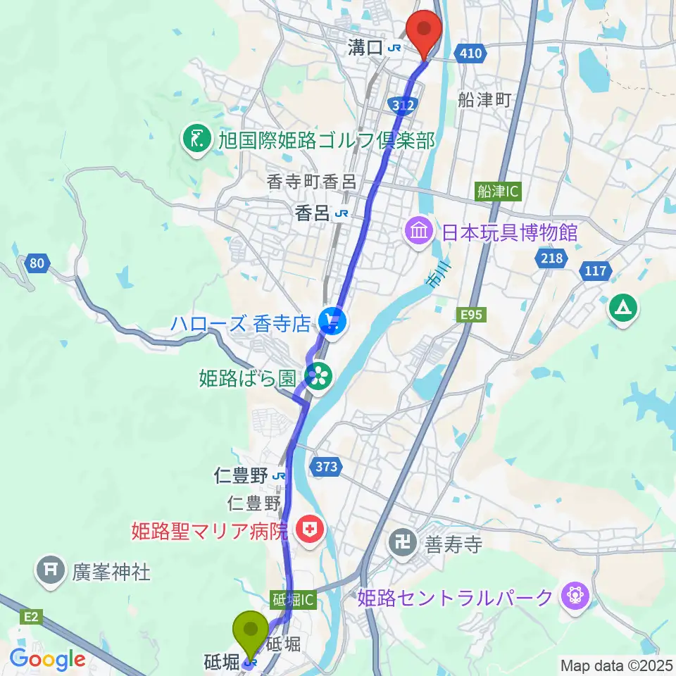 砥堀駅からギター専門店PALへのルートマップ地図