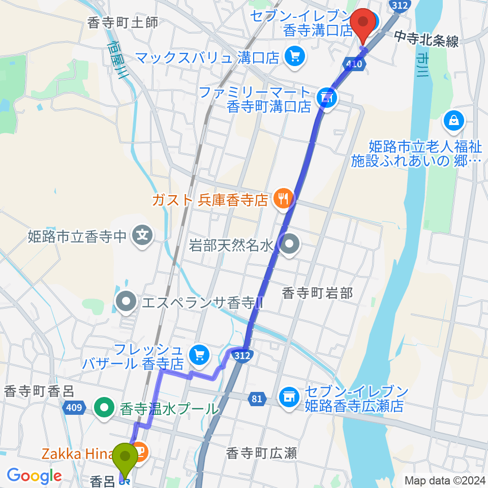 香呂駅からギター専門店PALへのルートマップ地図