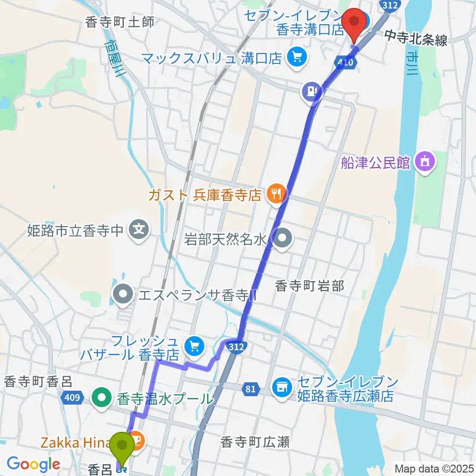 香呂駅からギター専門店PALへのルートマップ地図