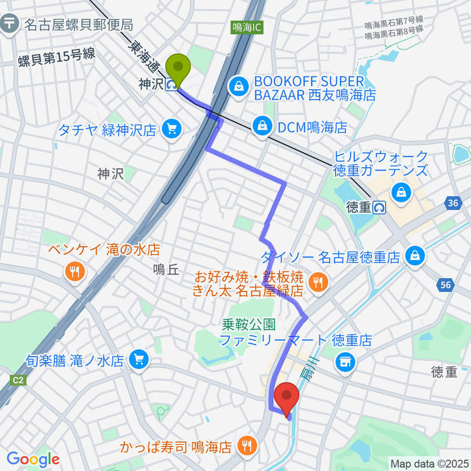 神沢駅からスタジオエチュード緑店へのルートマップ地図