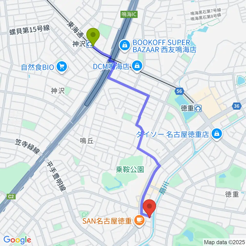 神沢駅からスタジオエチュード緑店へのルートマップ地図