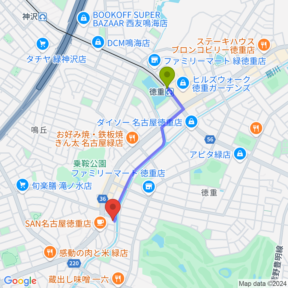 スタジオエチュード緑店の最寄駅徳重駅からの徒歩ルート（約15分）地図