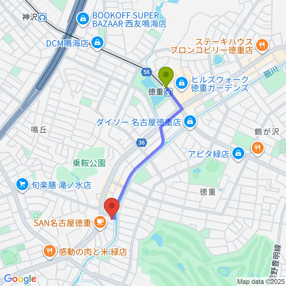 スタジオエチュード緑店の最寄駅徳重駅からの徒歩ルート（約15分）地図