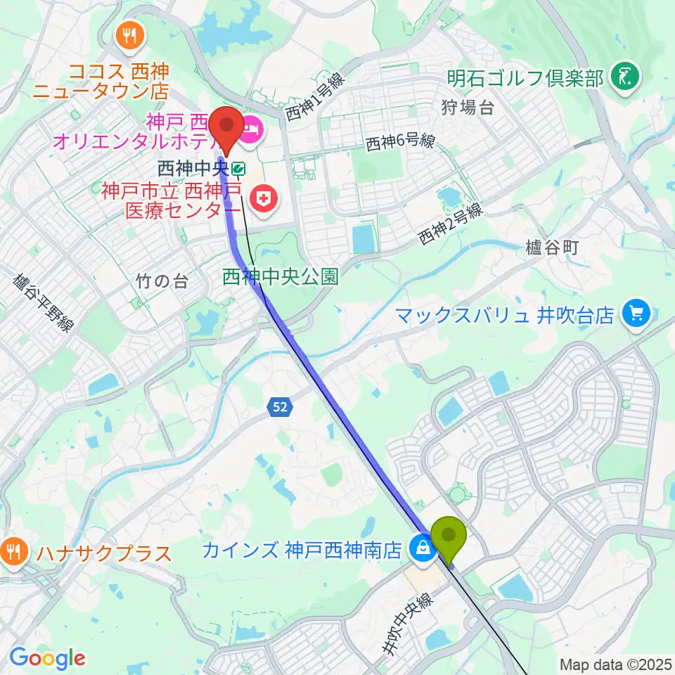 西神南駅から西神中央センター ヤマハミュージックへのルートマップ地図