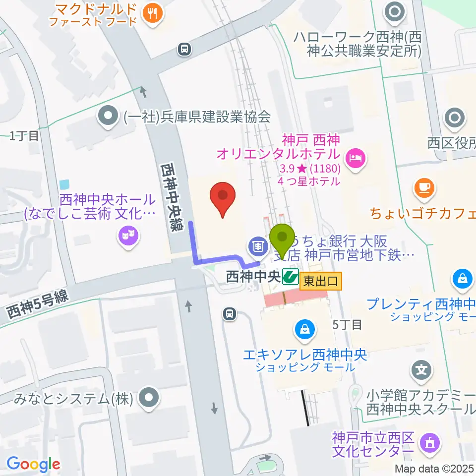 西神中央センター ヤマハミュージックの最寄駅西神中央駅からの徒歩ルート（約1分）地図