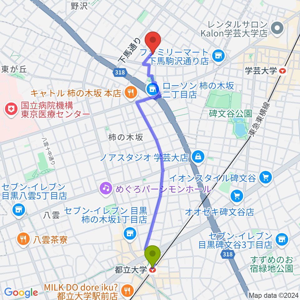 都立大学駅からアウラ音楽院 学芸大学教室へのルートマップ地図