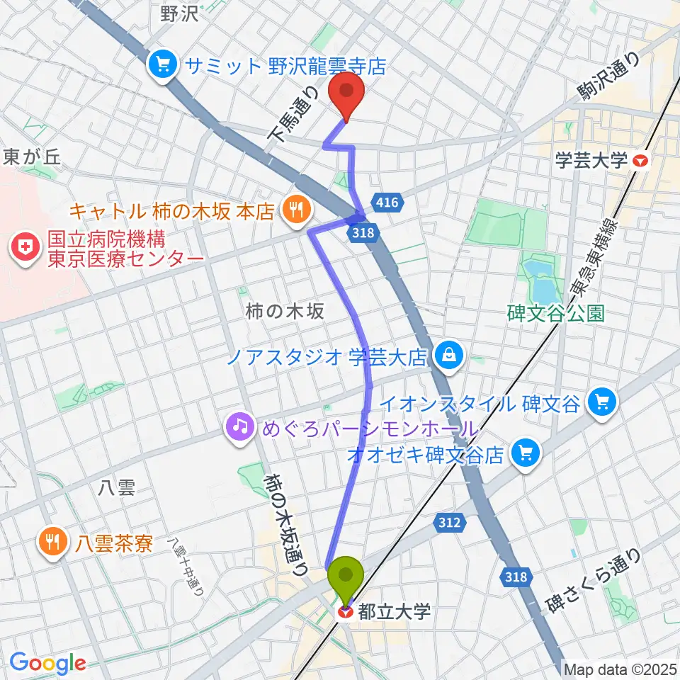 都立大学駅からアウラ音楽院 学芸大学教室へのルートマップ地図
