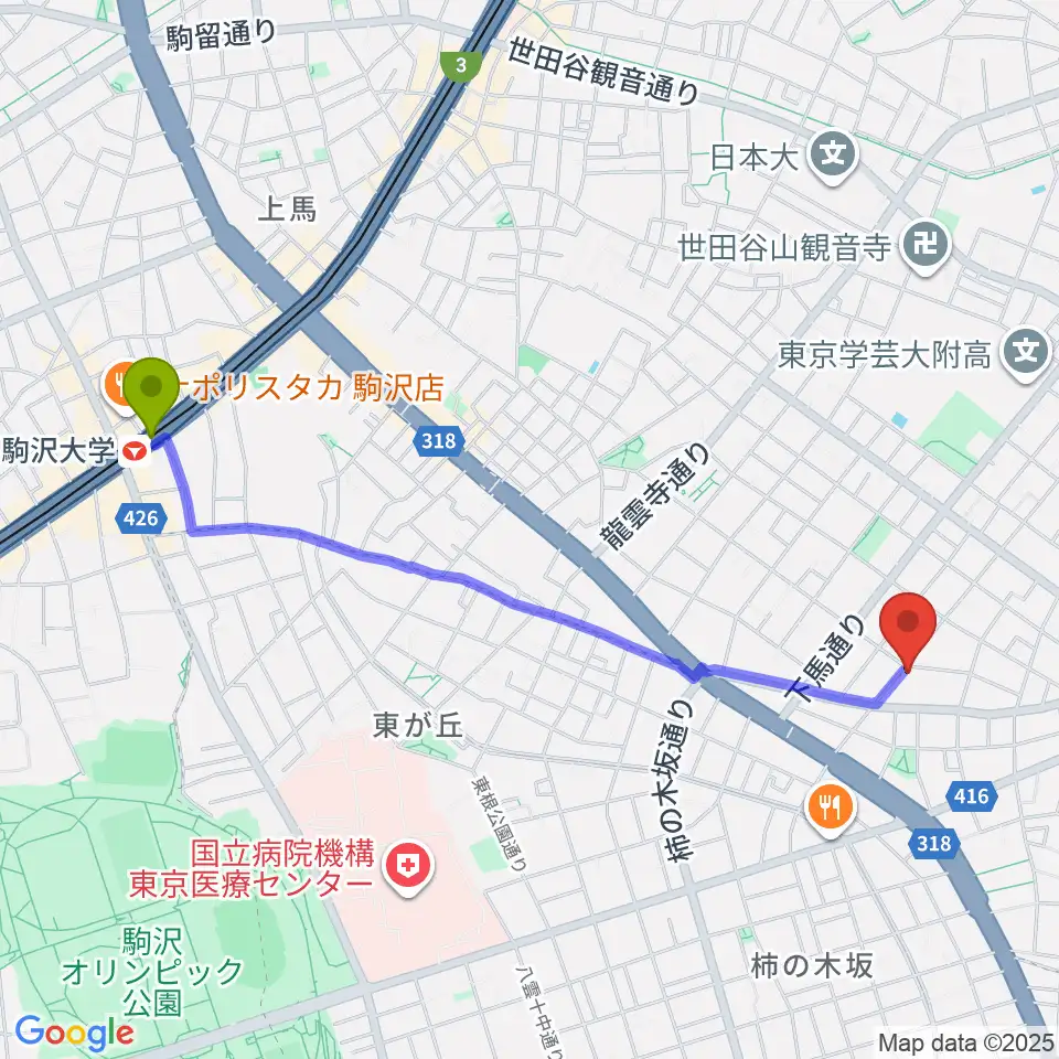 駒沢大学駅からアウラ音楽院 学芸大学教室へのルートマップ地図