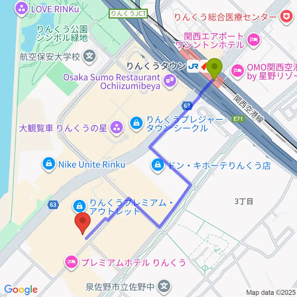 島村楽器 りんくうプレミアム・アウトレット店の最寄駅りんくうタウン駅からの徒歩ルート（約11分）地図