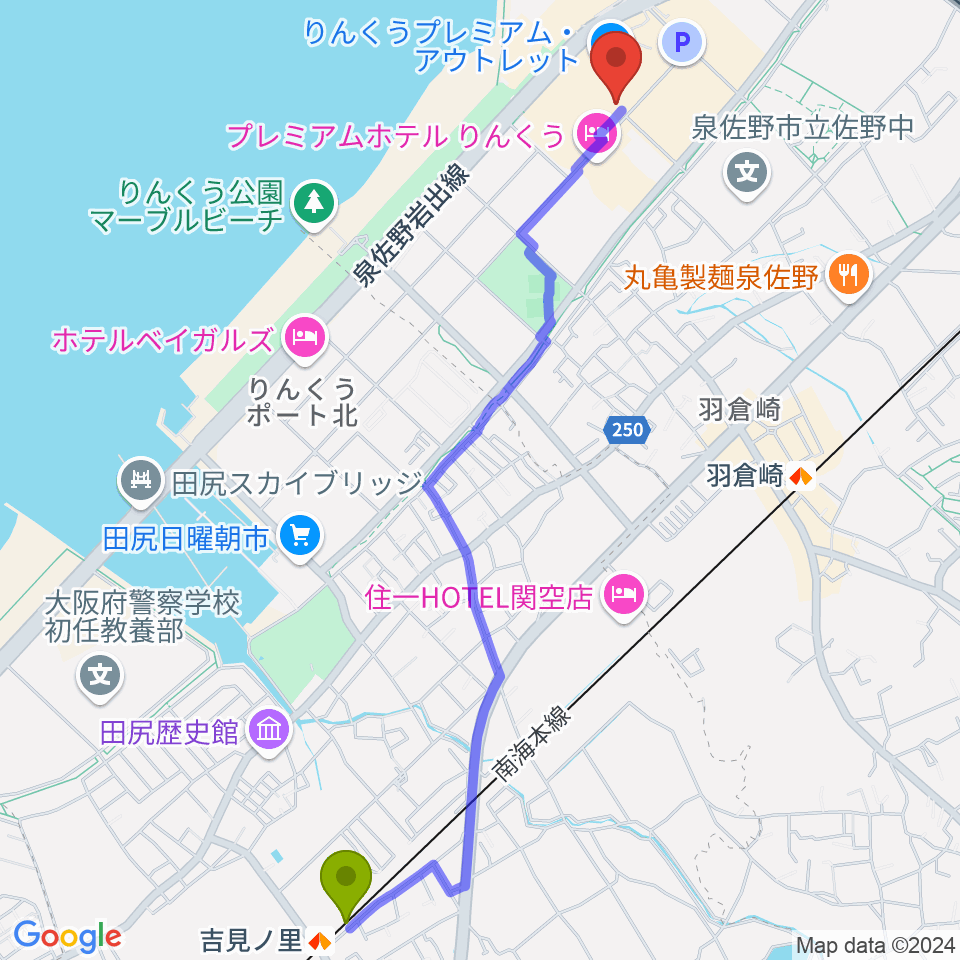 吉見ノ里駅から島村楽器 りんくうプレミアム・アウトレット店へのルートマップ地図