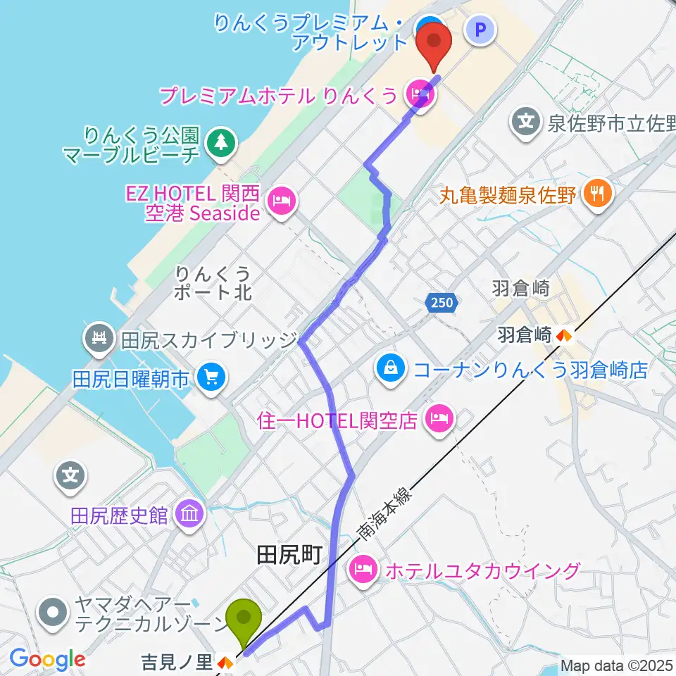 吉見ノ里駅から島村楽器 りんくうプレミアム・アウトレット店へのルートマップ地図