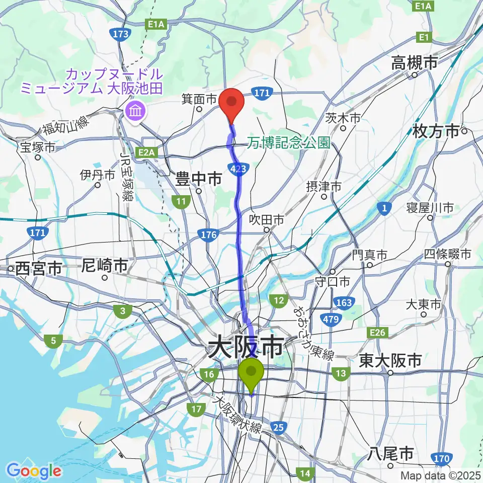 近鉄日本橋駅からマークスミュージックへのルートマップ地図
