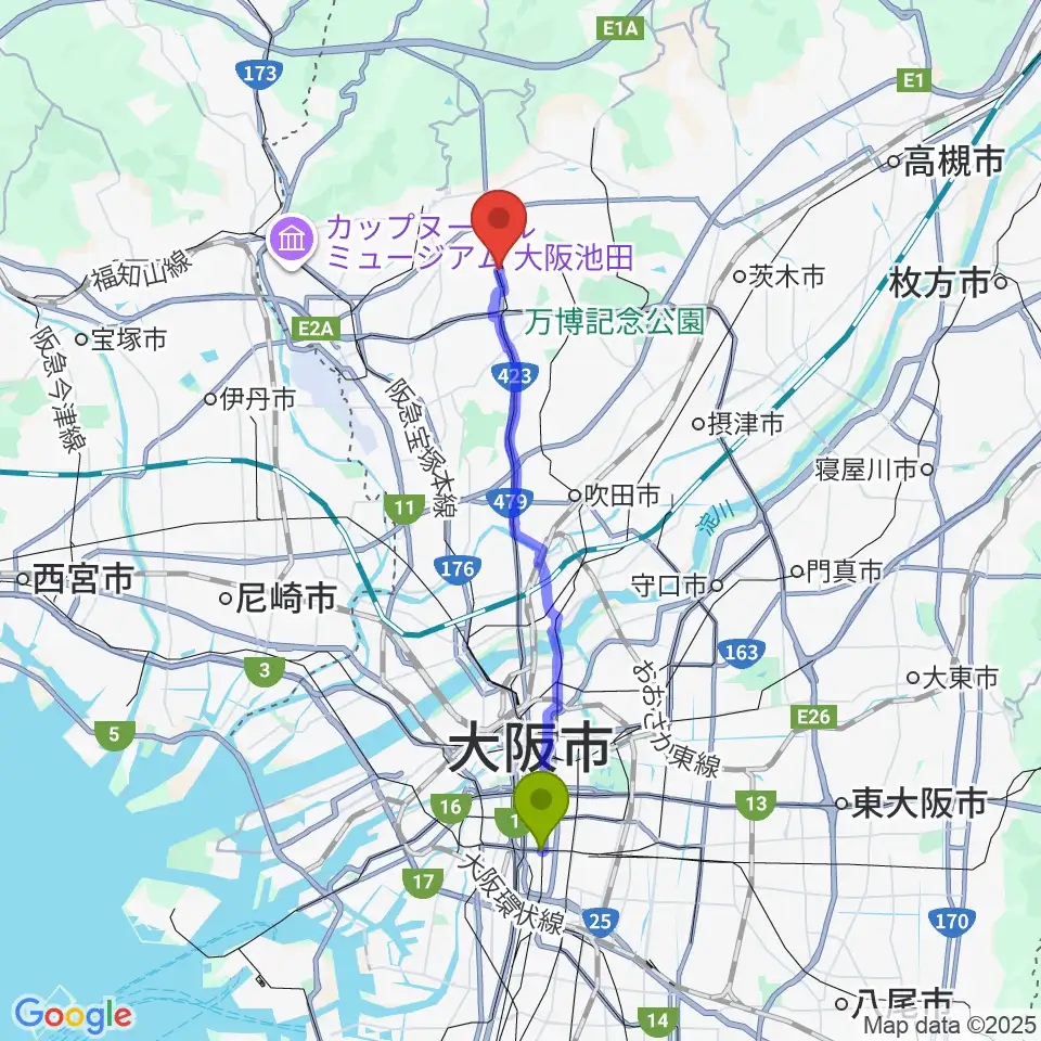 近鉄日本橋駅からマークスミュージックへのルートマップ地図