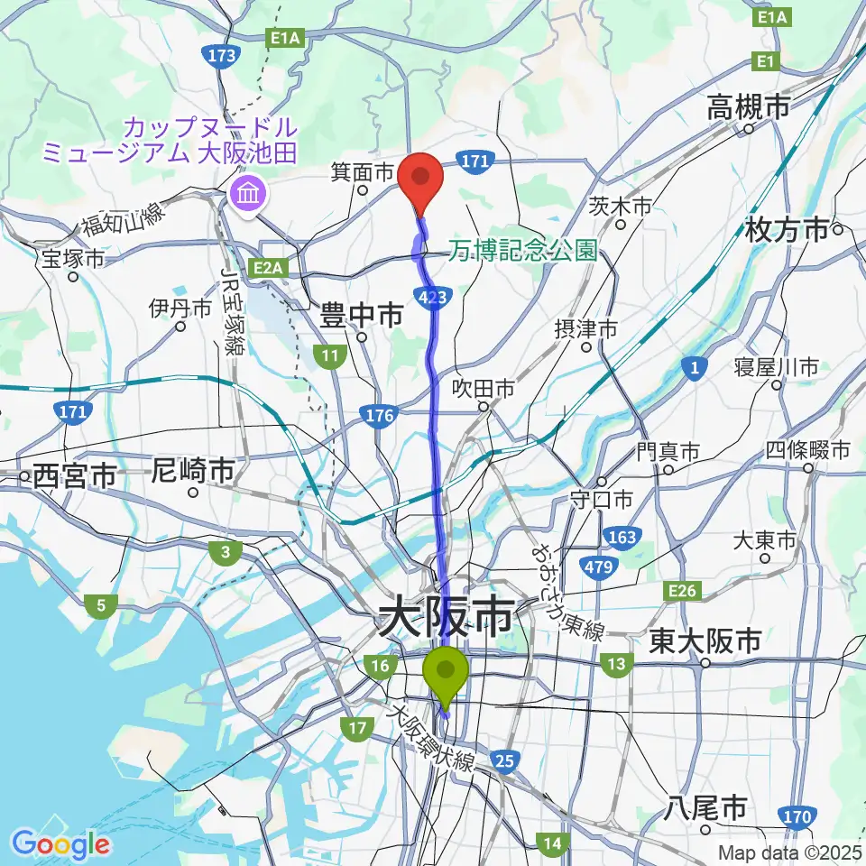 難波駅からマークスミュージックへのルートマップ地図