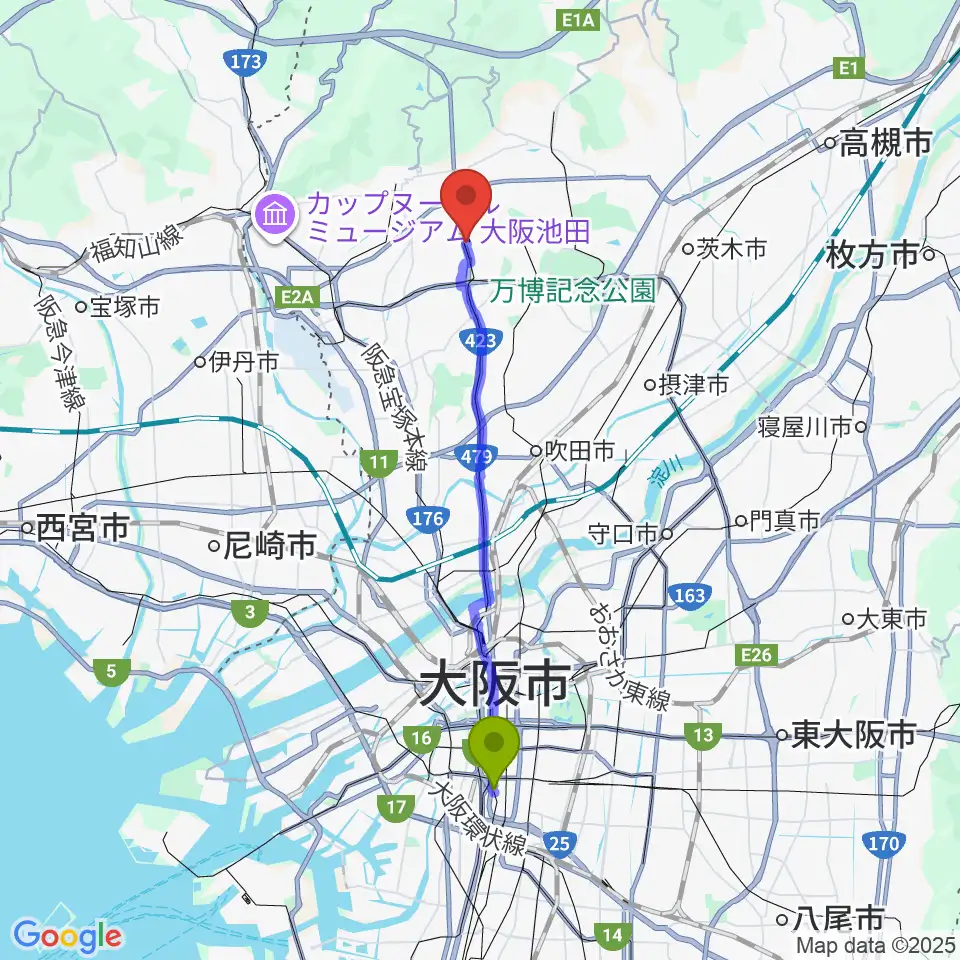 難波駅からマークスミュージックへのルートマップ地図