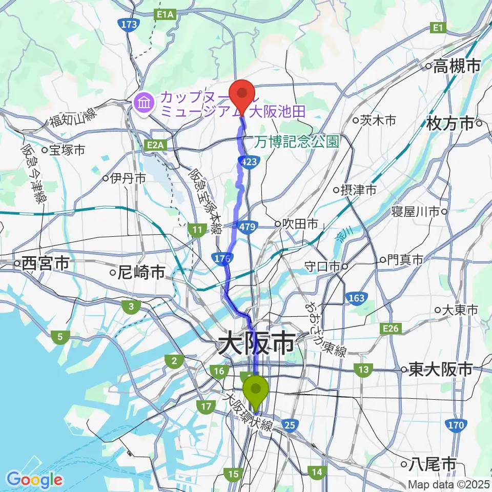 今宮戎駅からマークスミュージックへのルートマップ地図