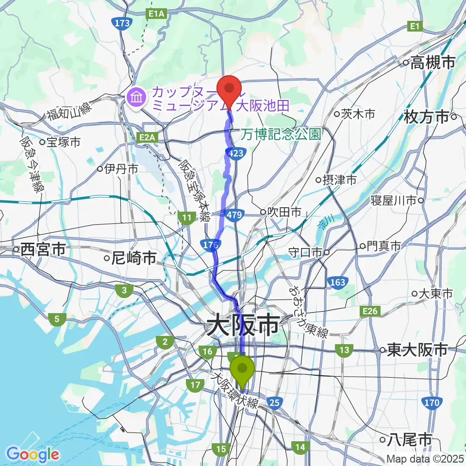 今宮戎駅からマークスミュージックへのルートマップ地図