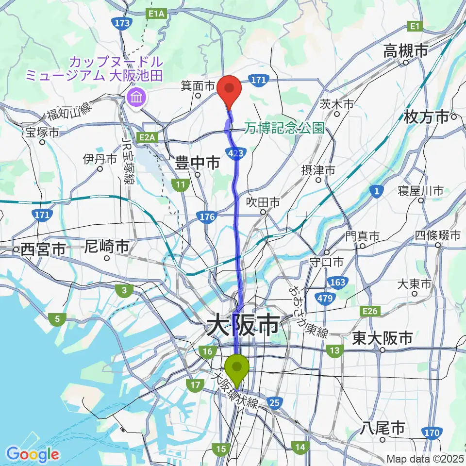 大国町駅からマークスミュージックへのルートマップ地図