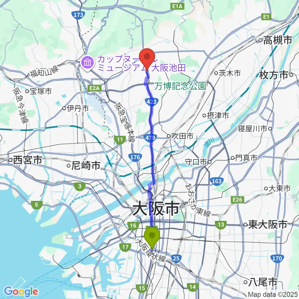 大国町駅からマークスミュージックへのルートマップ地図