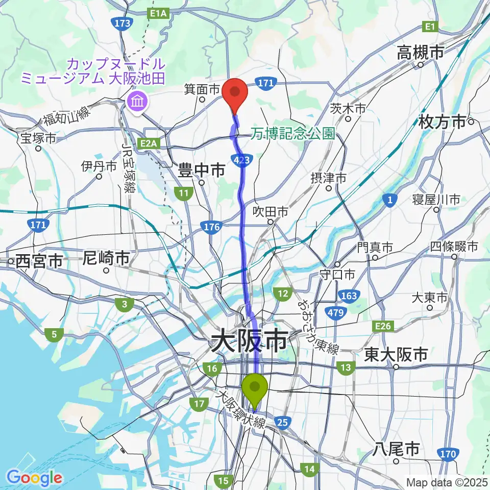 恵美須町駅からマークスミュージックへのルートマップ地図