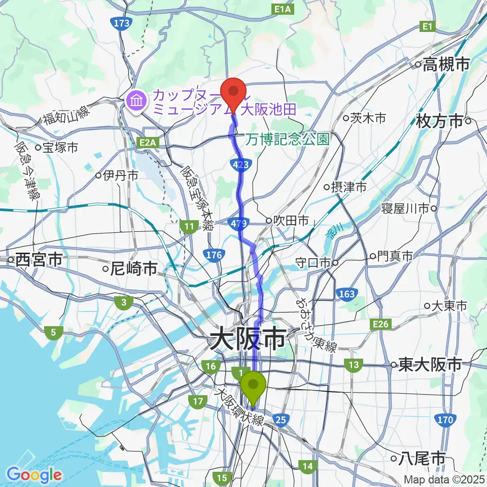 恵美須町駅からマークスミュージックへのルートマップ地図
