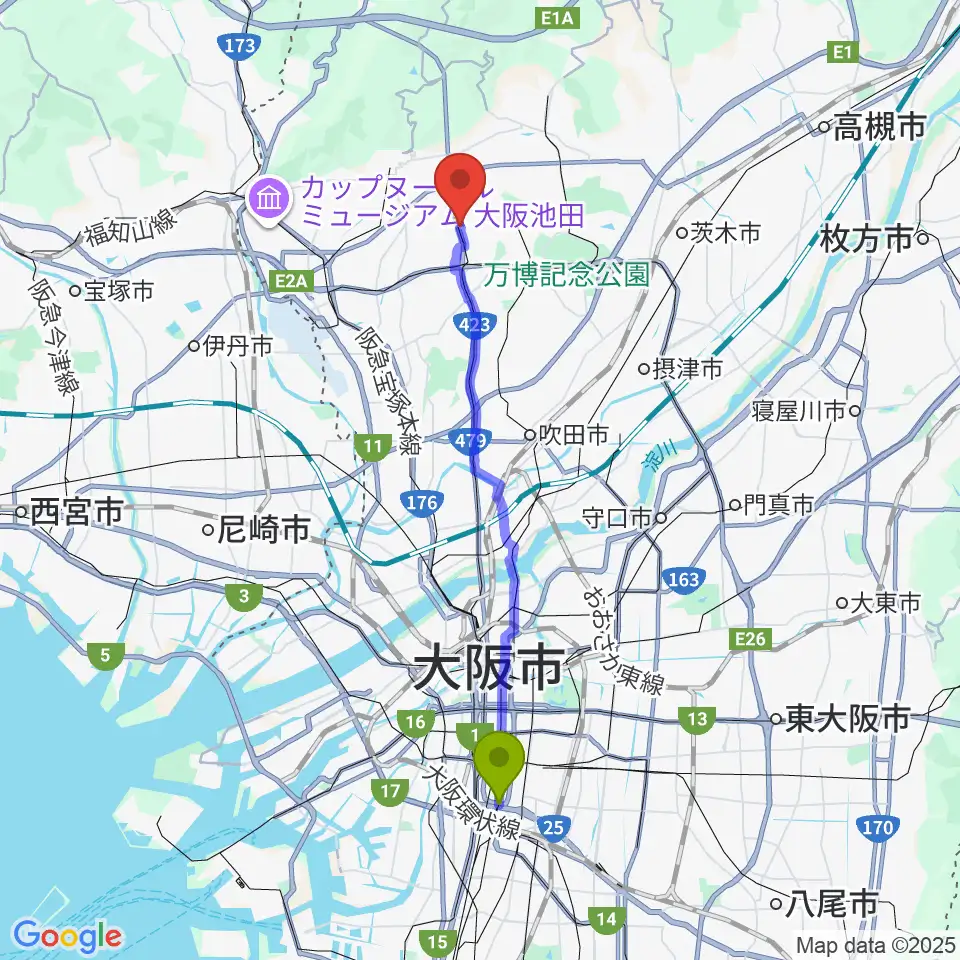 恵美須町駅からマークスミュージックへのルートマップ地図