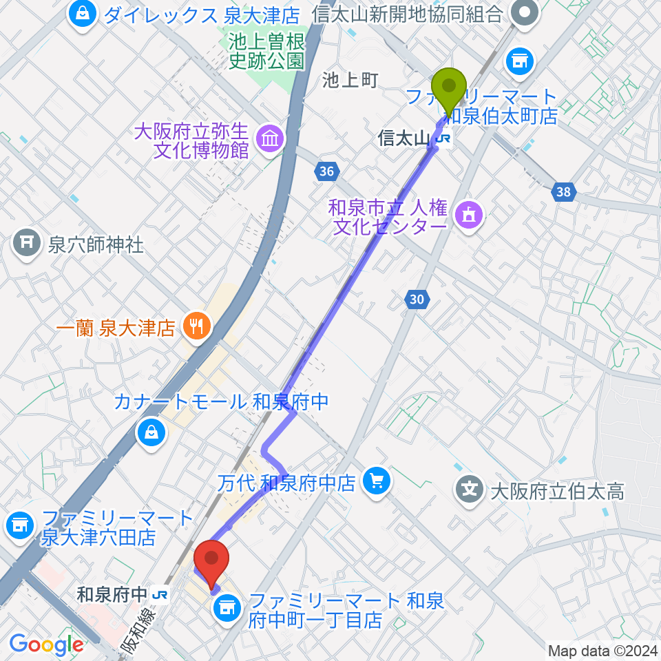 信太山駅から新日本ミュージック株式会社 音楽教室へのルートマップ地図