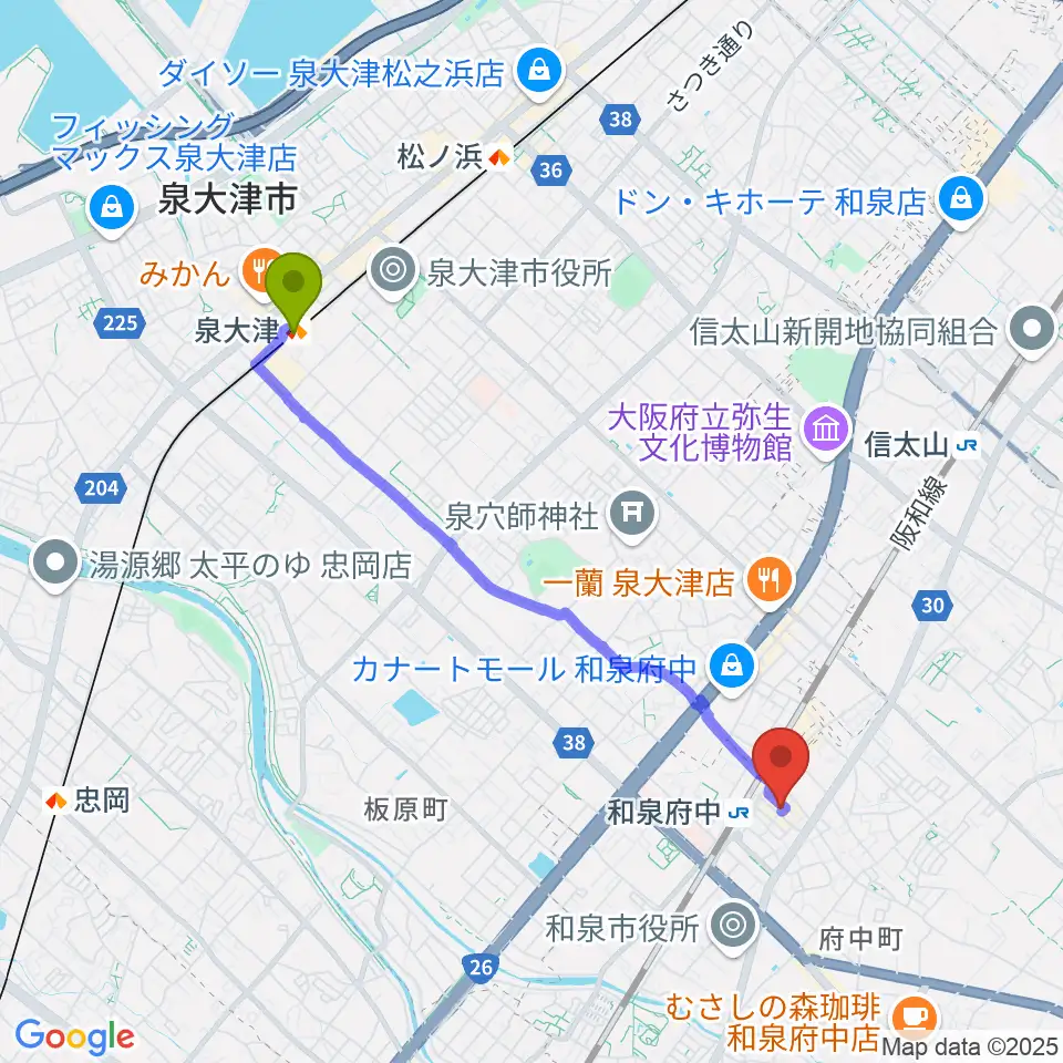 泉大津駅から新日本ミュージック株式会社 音楽教室へのルートマップ地図